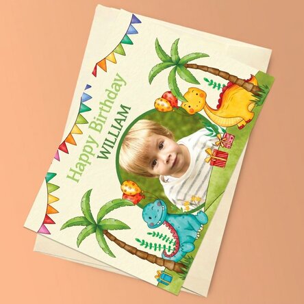 Personalised magnetic greeting card with a photo and message for children - Dinosaurs
