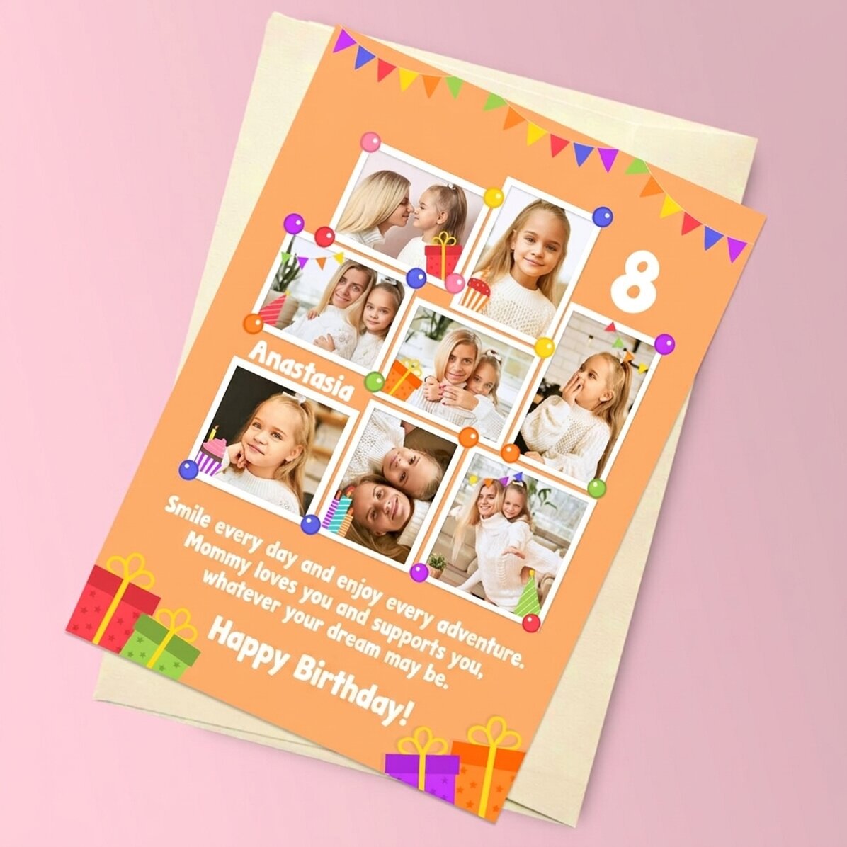 Personalised magnetic greeting card with 8 photos and message for children - Birthday