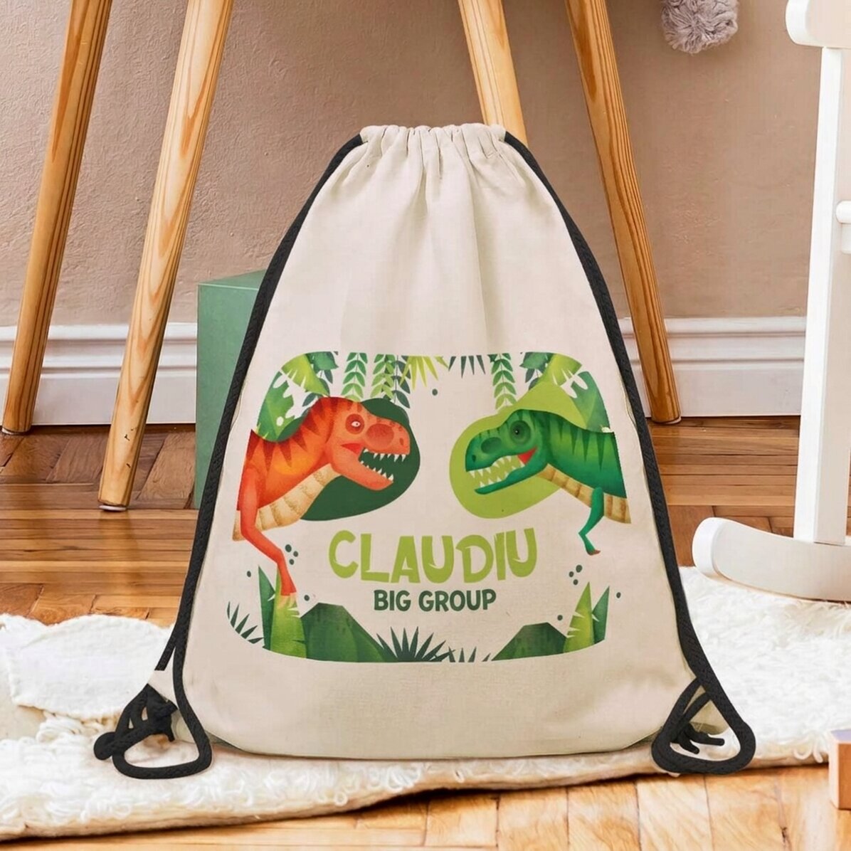 Personalised backpack with text - T-Rex dinosaur