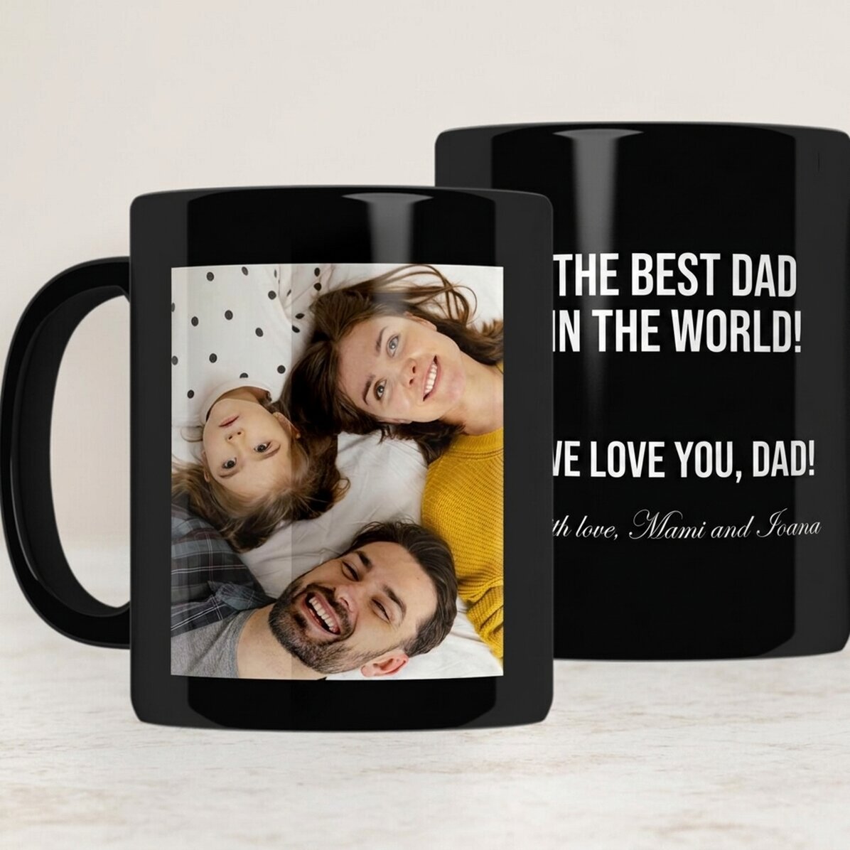 Personalised black mug with a photograph and message