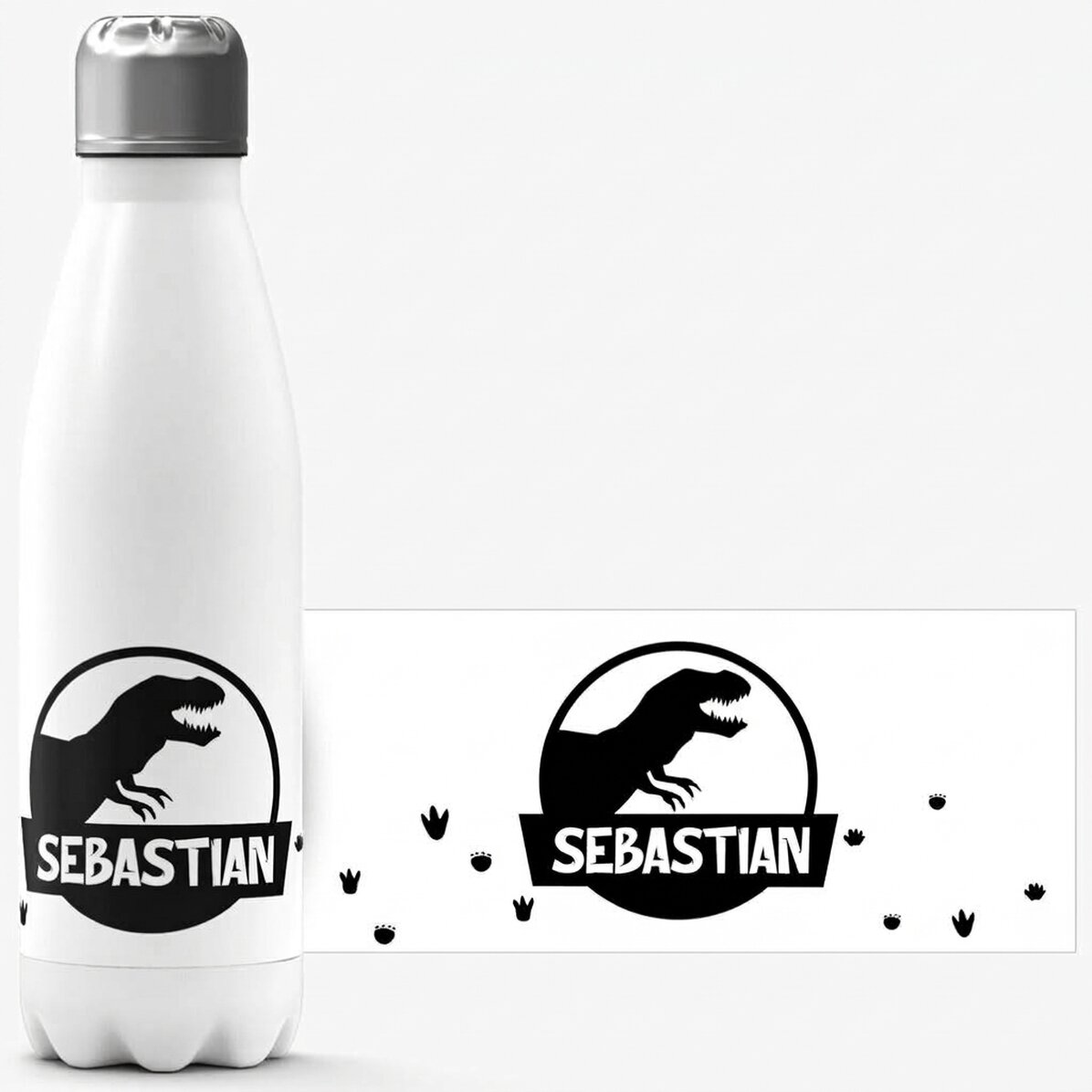 Thermos with white base personalised with name - Black T-Rex dinosaur
