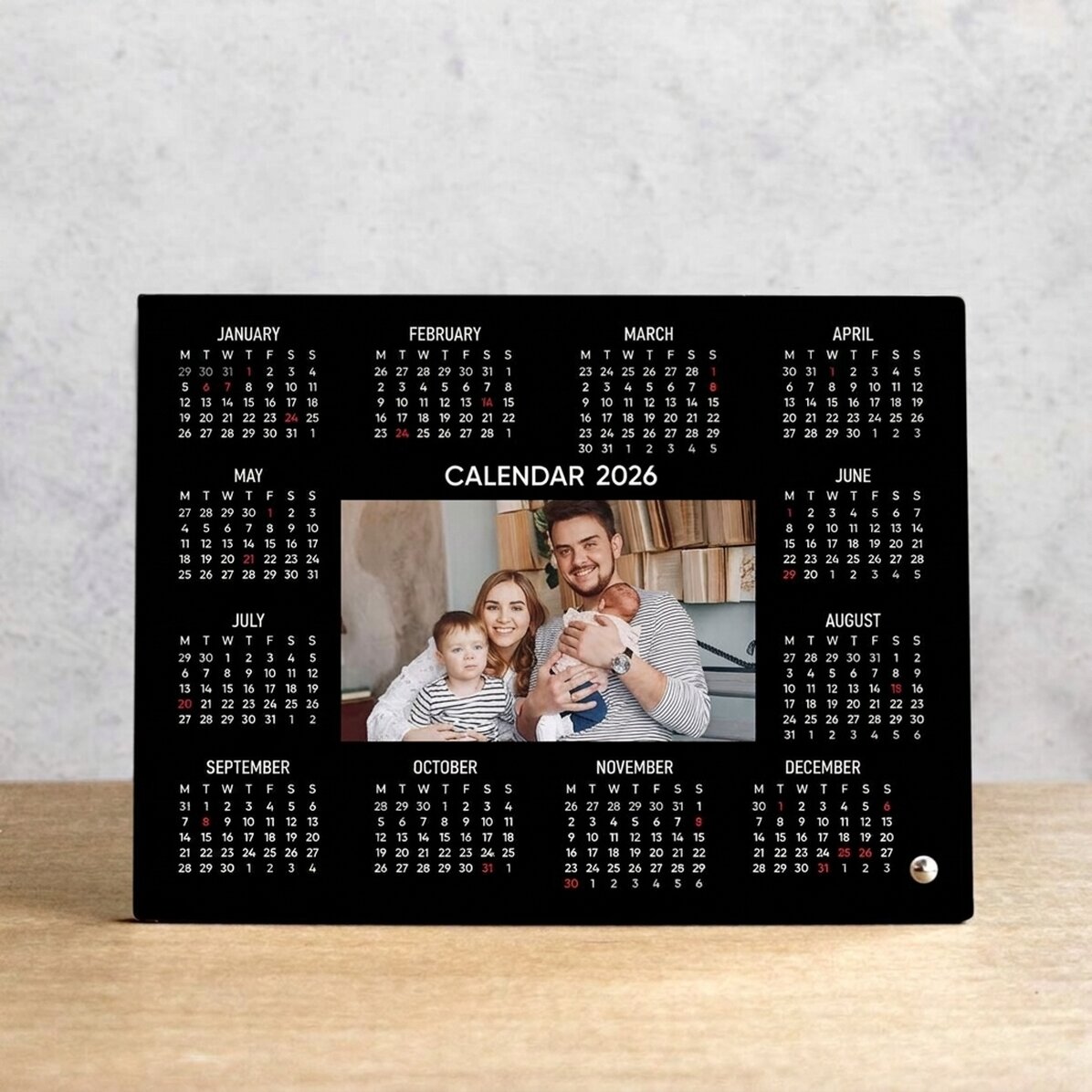Personalised desk photo frame with a photo and calendar
