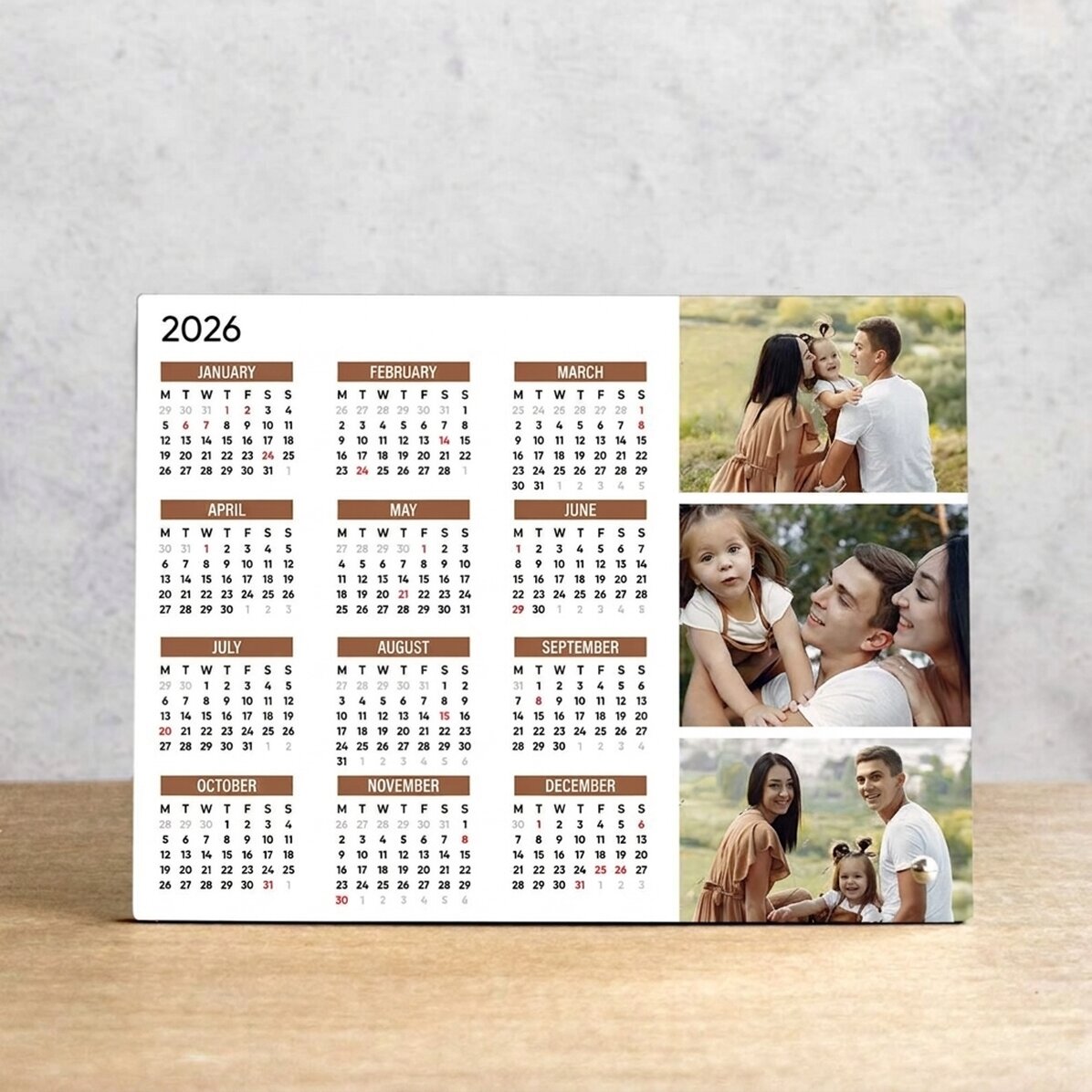 Personalised desk photo frame with 3 photos and calendar