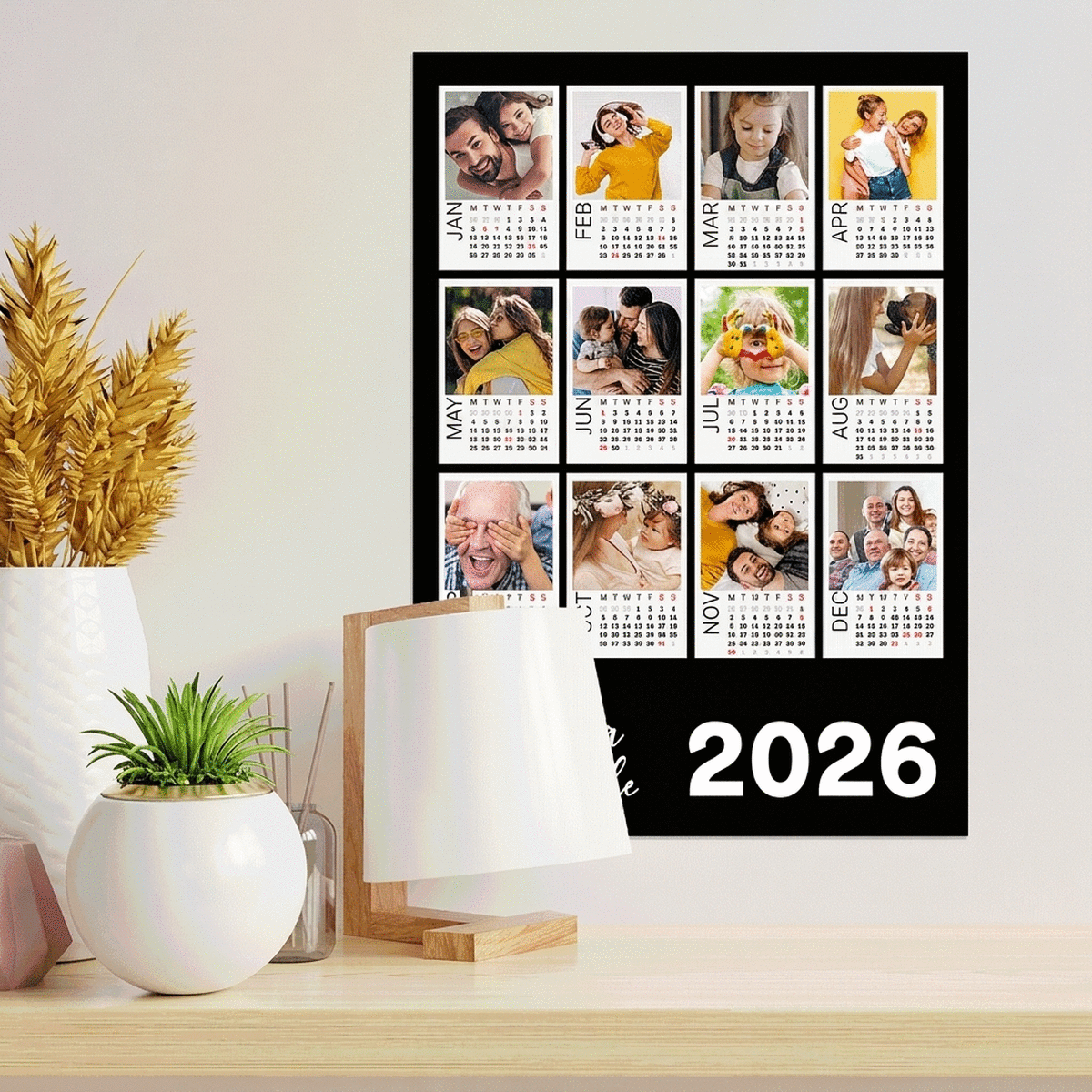 Personalised calendar poster with 12 Polaroid photos and coloured background