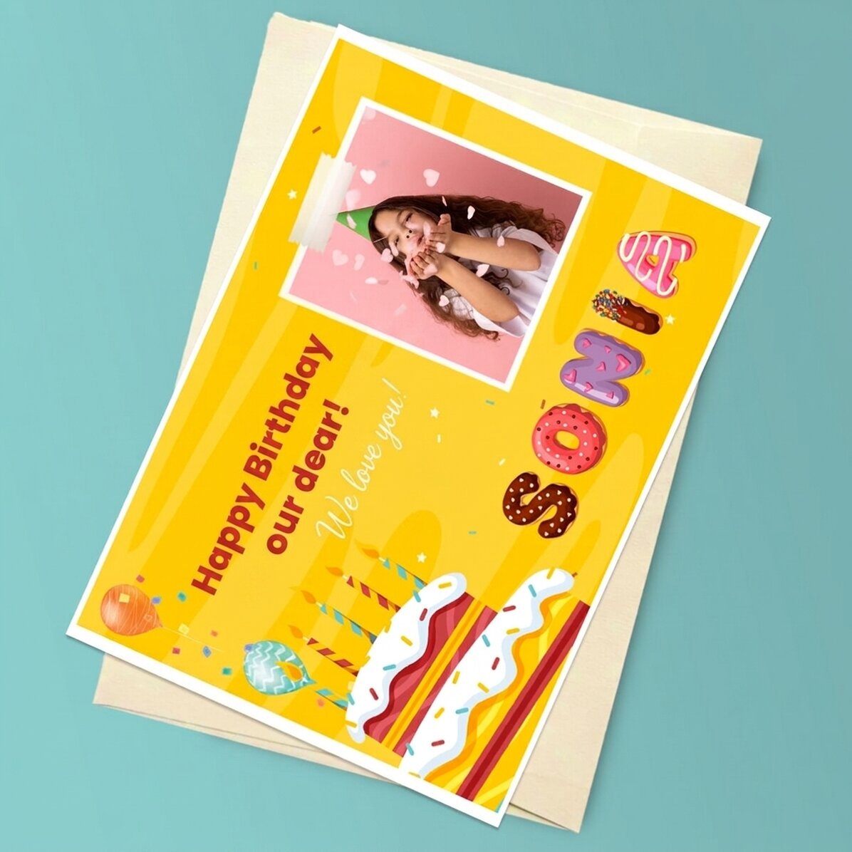 Personalised magnetic greeting card with a photo, text and special name - Birthday