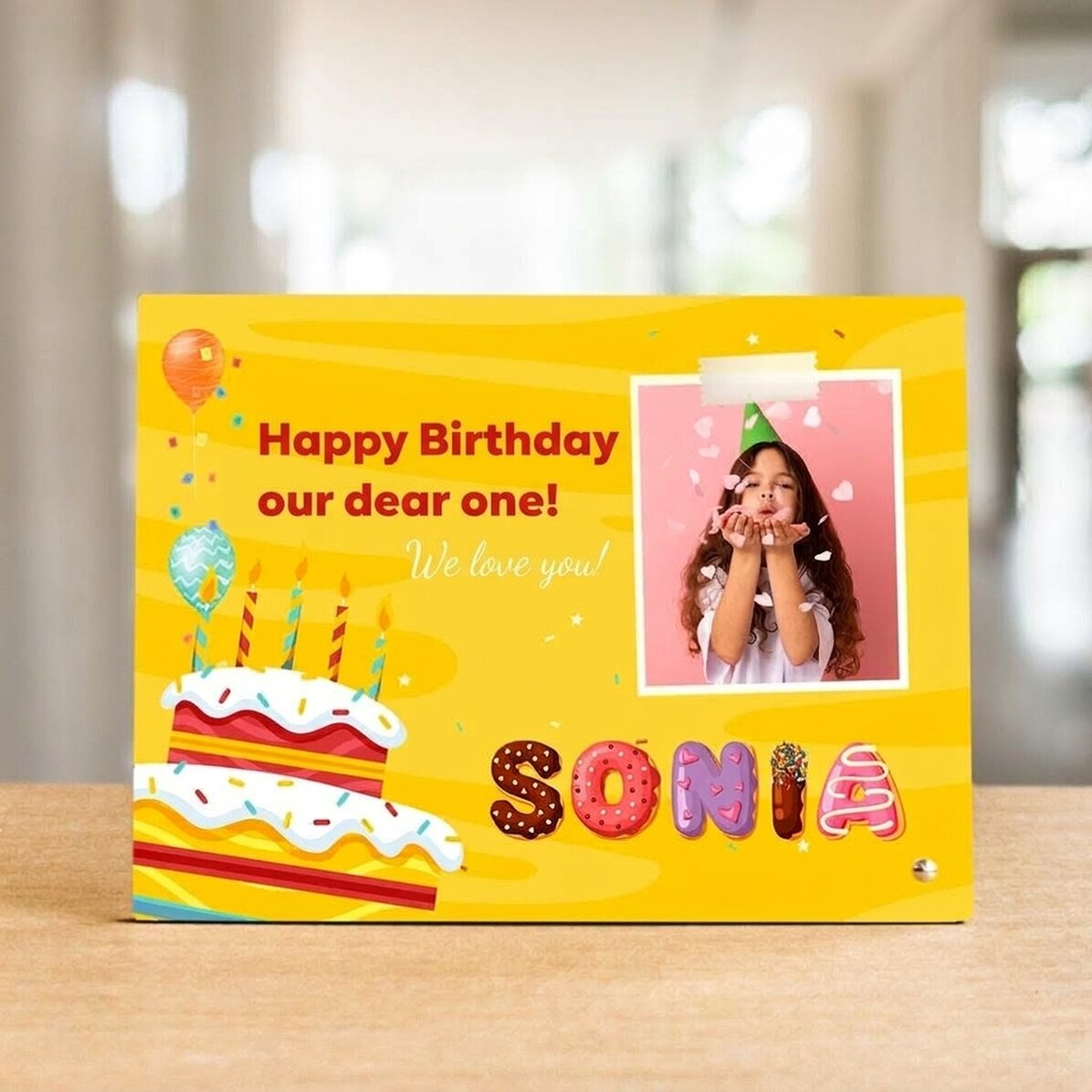 Personalised desk photo frame with a photo, text and special name - Birthday