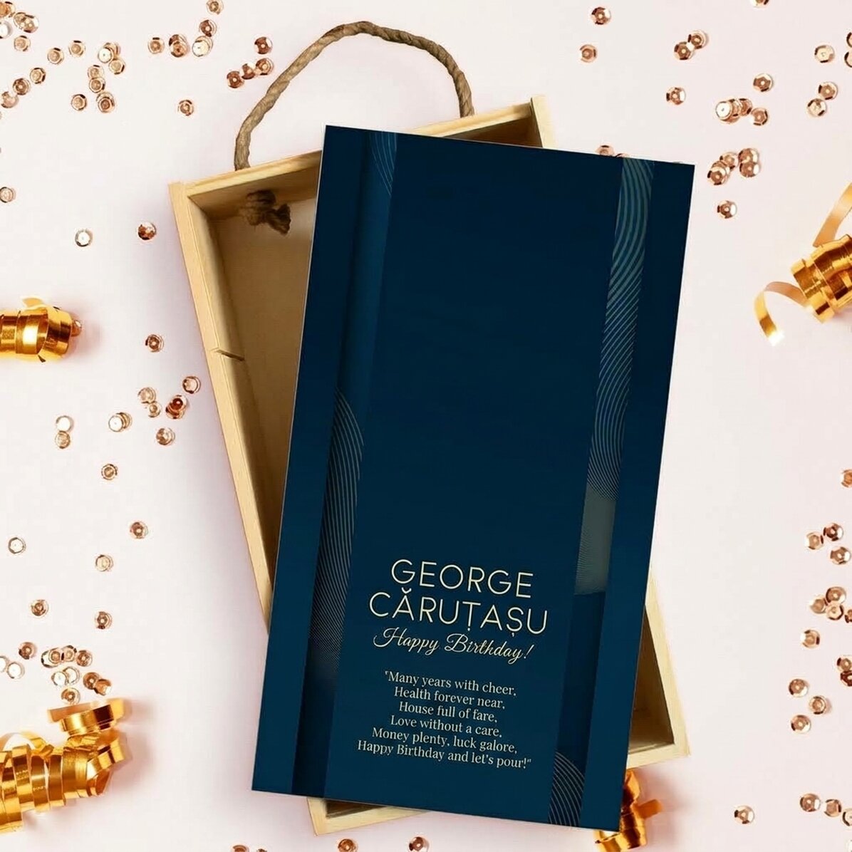 Personalised wooden gift box with message - Navy and gold