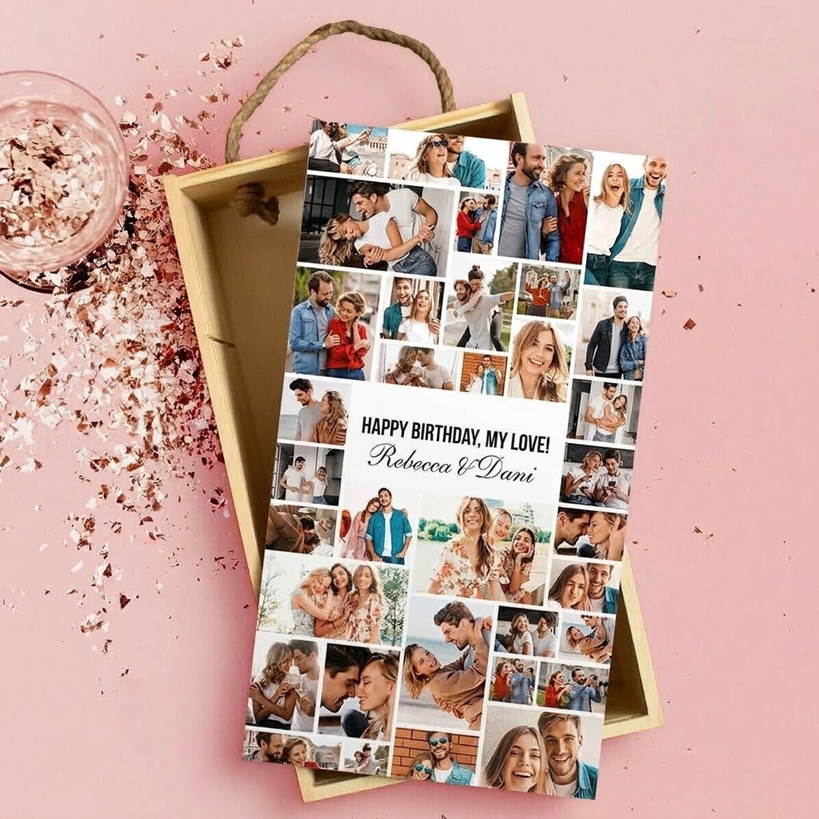 Personalised wooden gift box with 35 photos and text