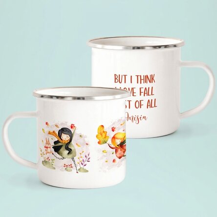 Enamelled metal mug with message - I love fall most of all