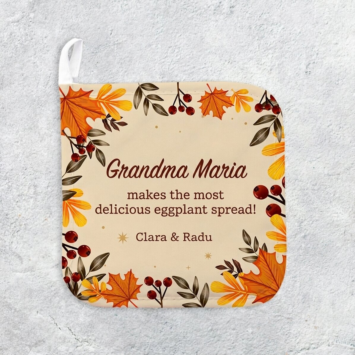 Personalised hot pot holder with text - Autumn leaves