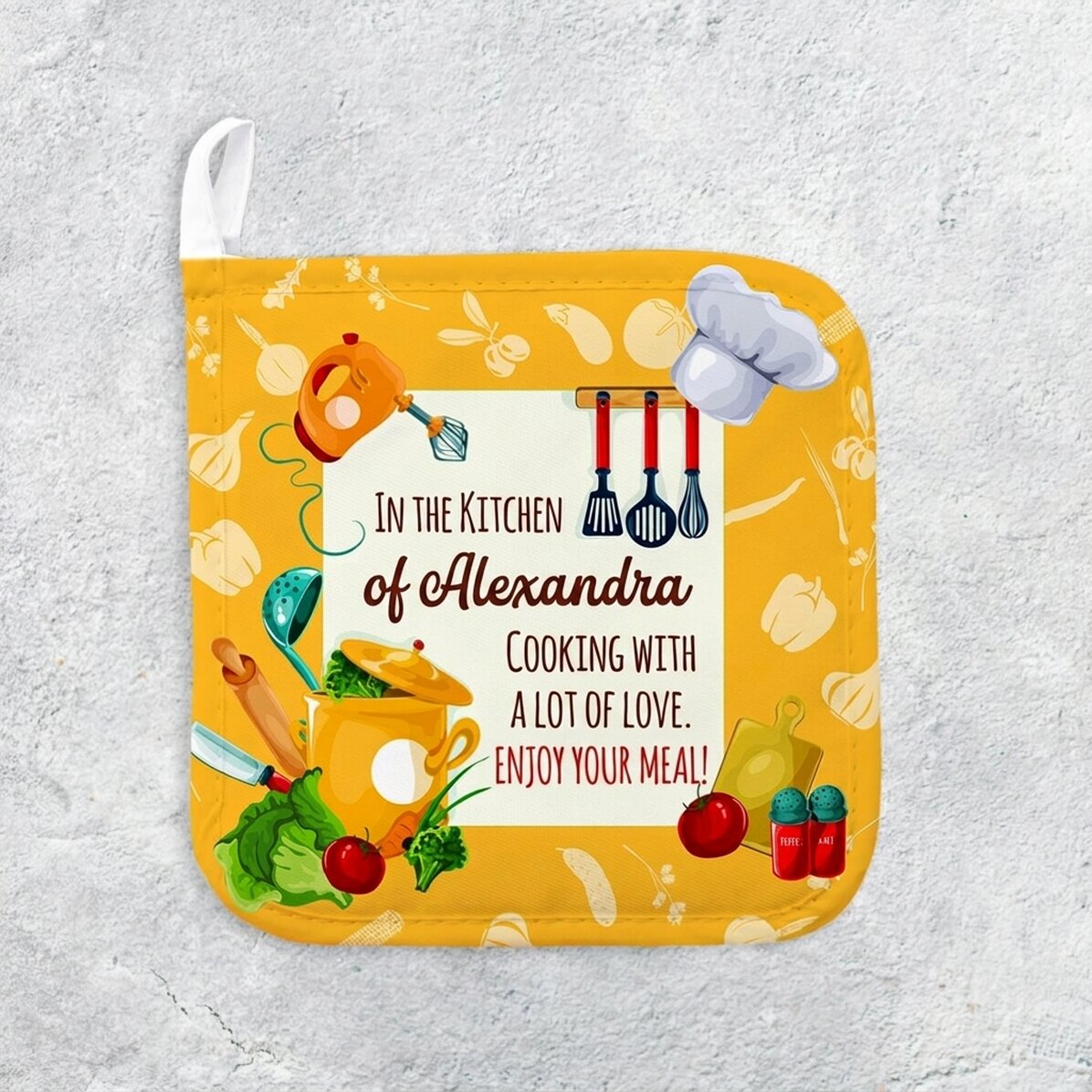 Personalised hot pot holder with text - In the kitchen