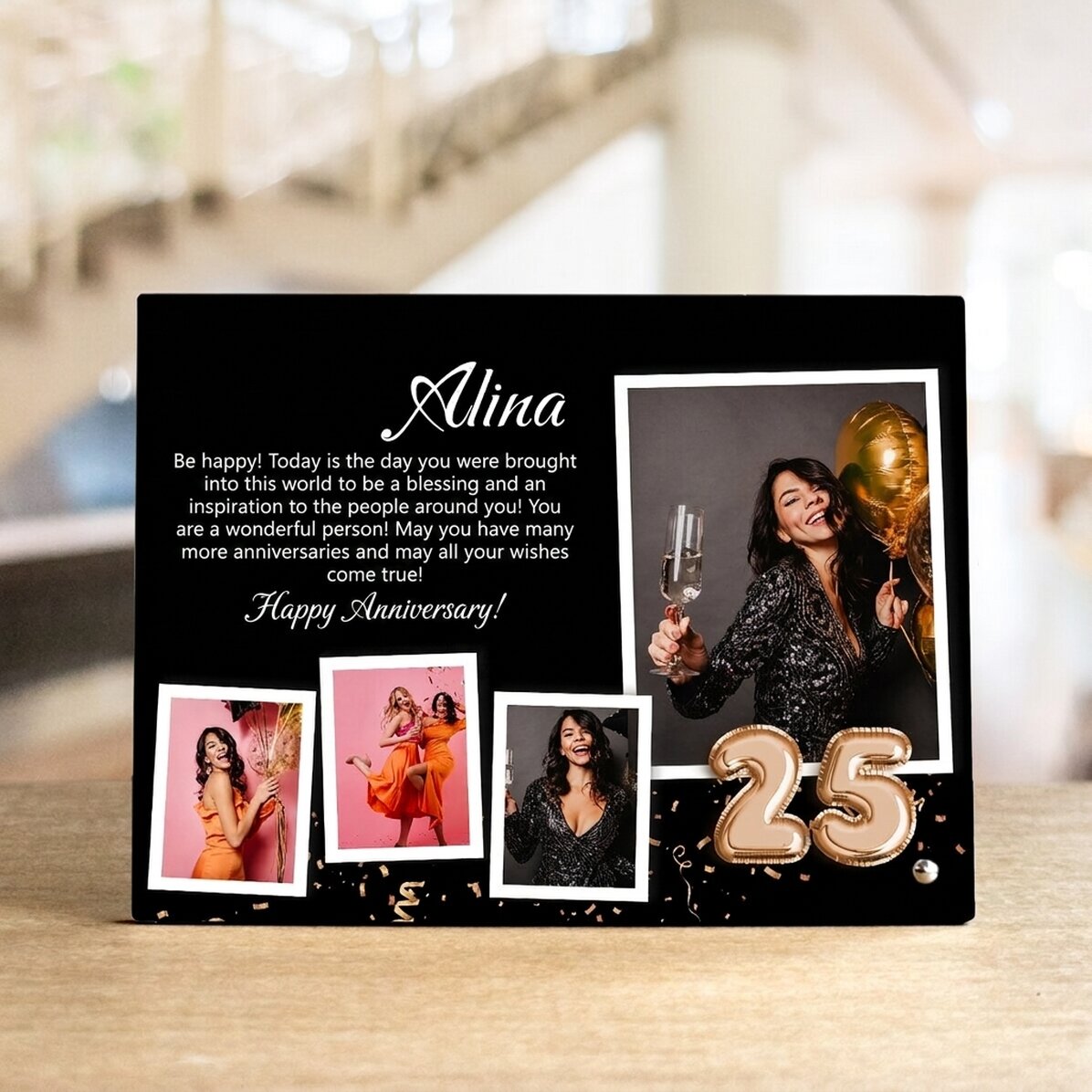 Personalised desk photo frame with 4 photos, name and message - Happy Birthday!
