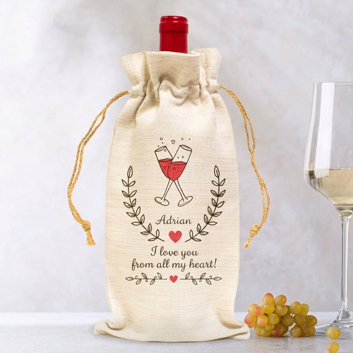 Personalised bag for wine bottle - I love you