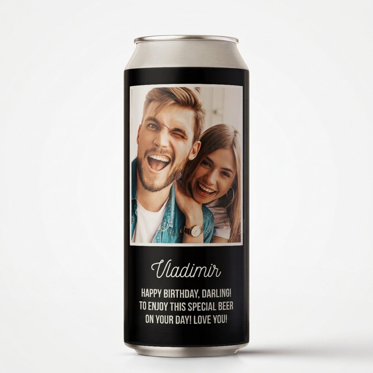 Personalised beer can with a photo and message