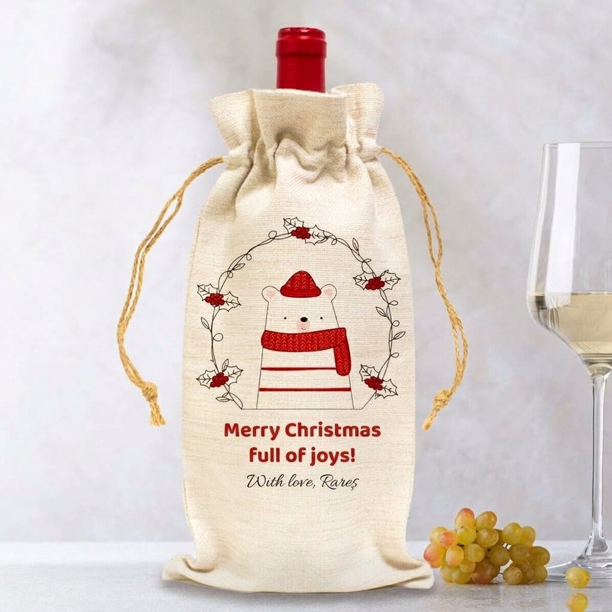 Personalised bag for wine bottle - Holiday bear design