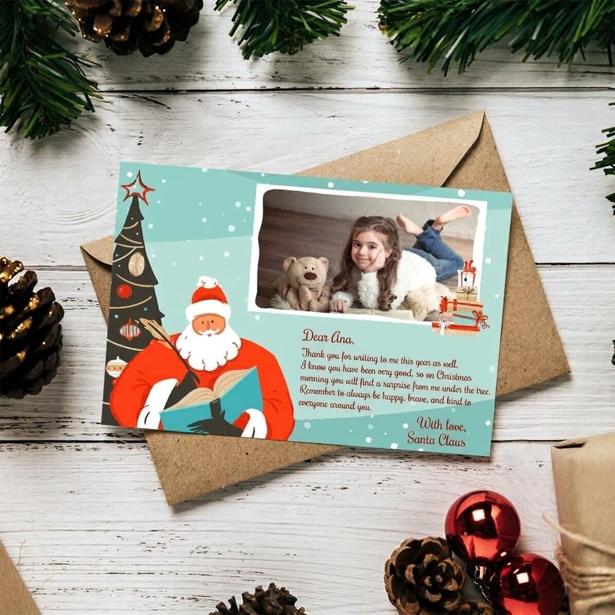 Personalised magnetic greeting card with a photo and message - Letter from Santa Claus