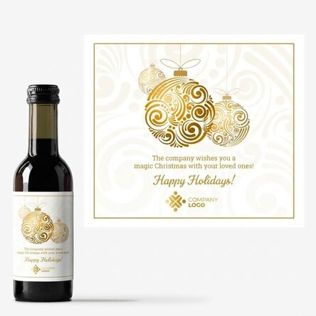 Mini wine bottle personalised with logo and message - Golden Christmas baubles