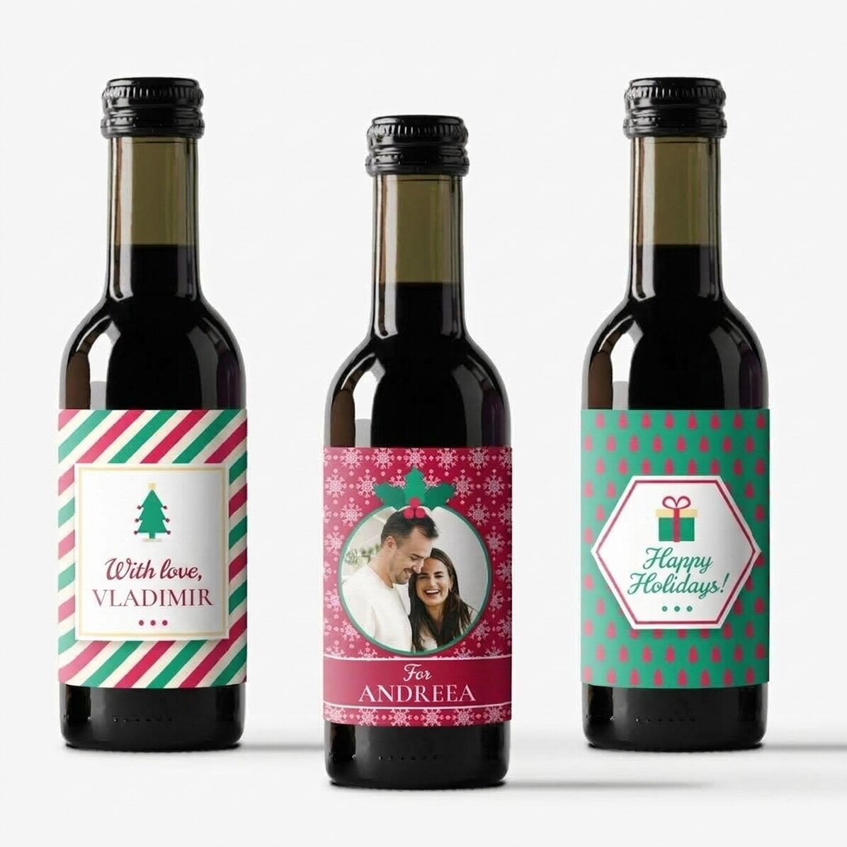 Set of 3 mini wine bottles personalised with a photo and text - Merry Christmas!