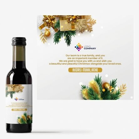 Mini wine bottle personalised with message and logo - A festive tale