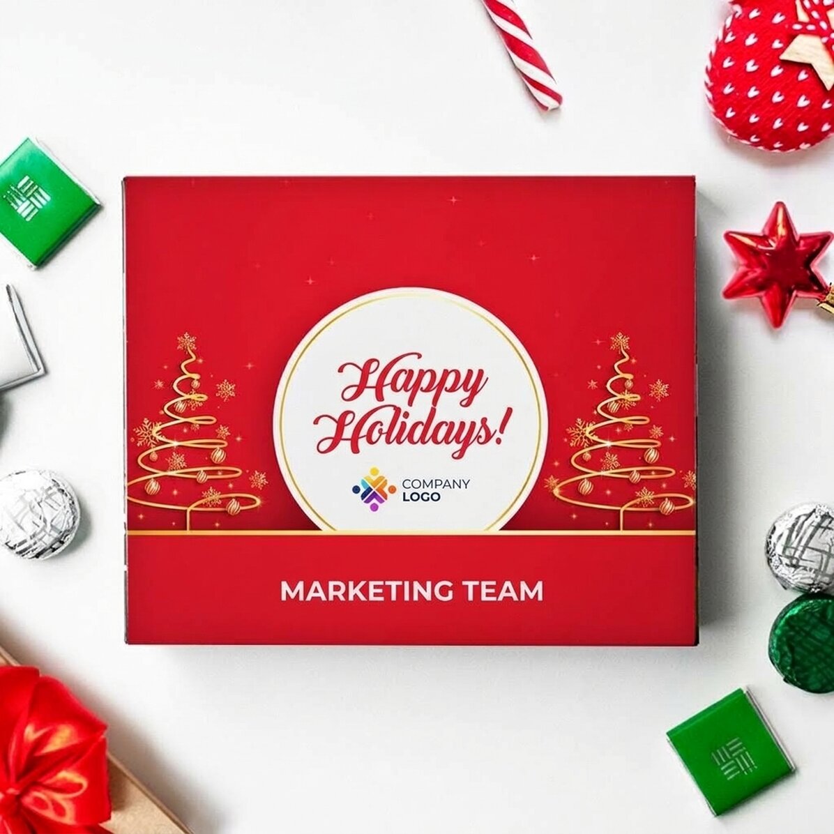 Personalised box of chocolates with logo and message - Happy Holidays