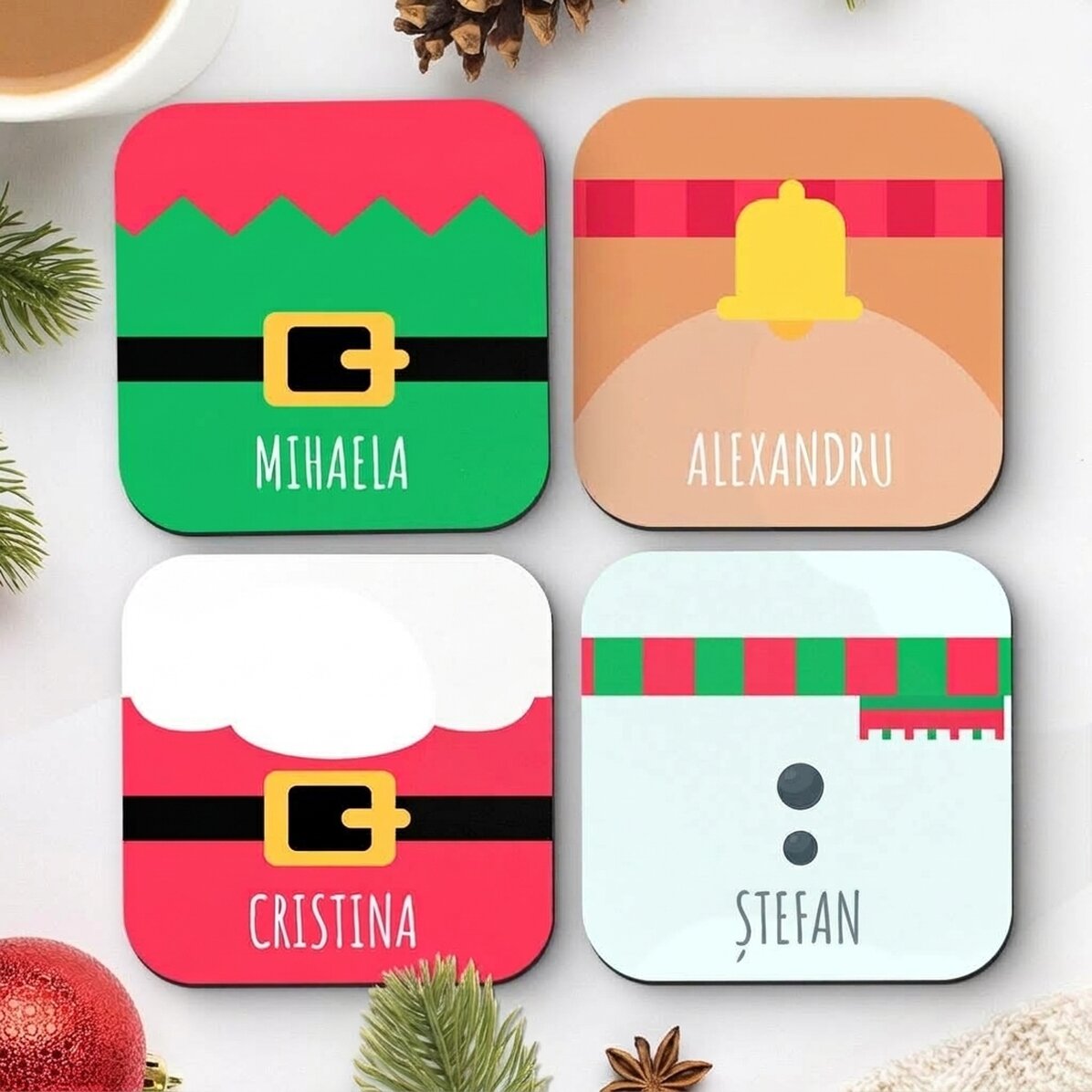 Set of 4 personalised coasters with text - Christmas characters