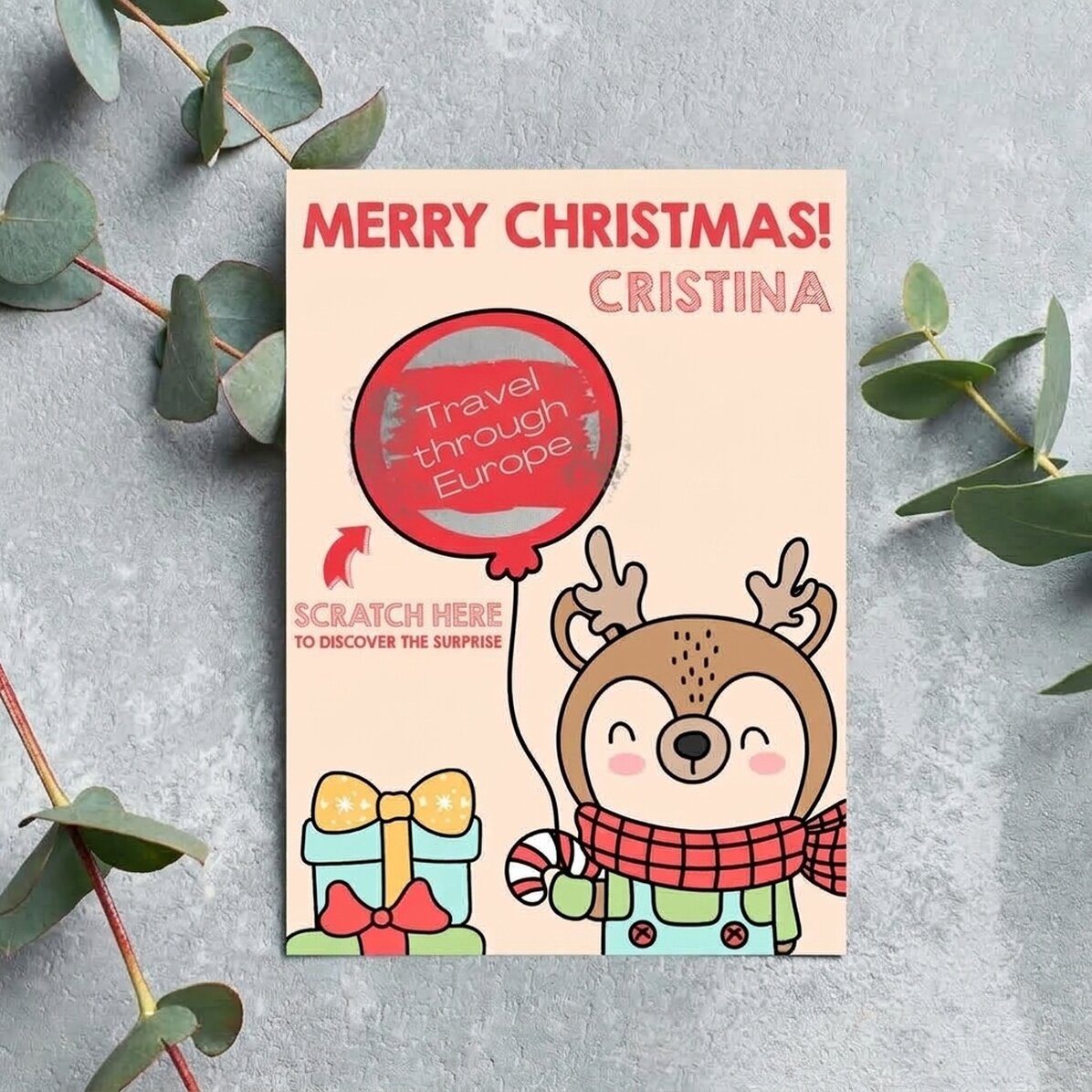 Personalised Christmas scratch card - Reindeer with balloon