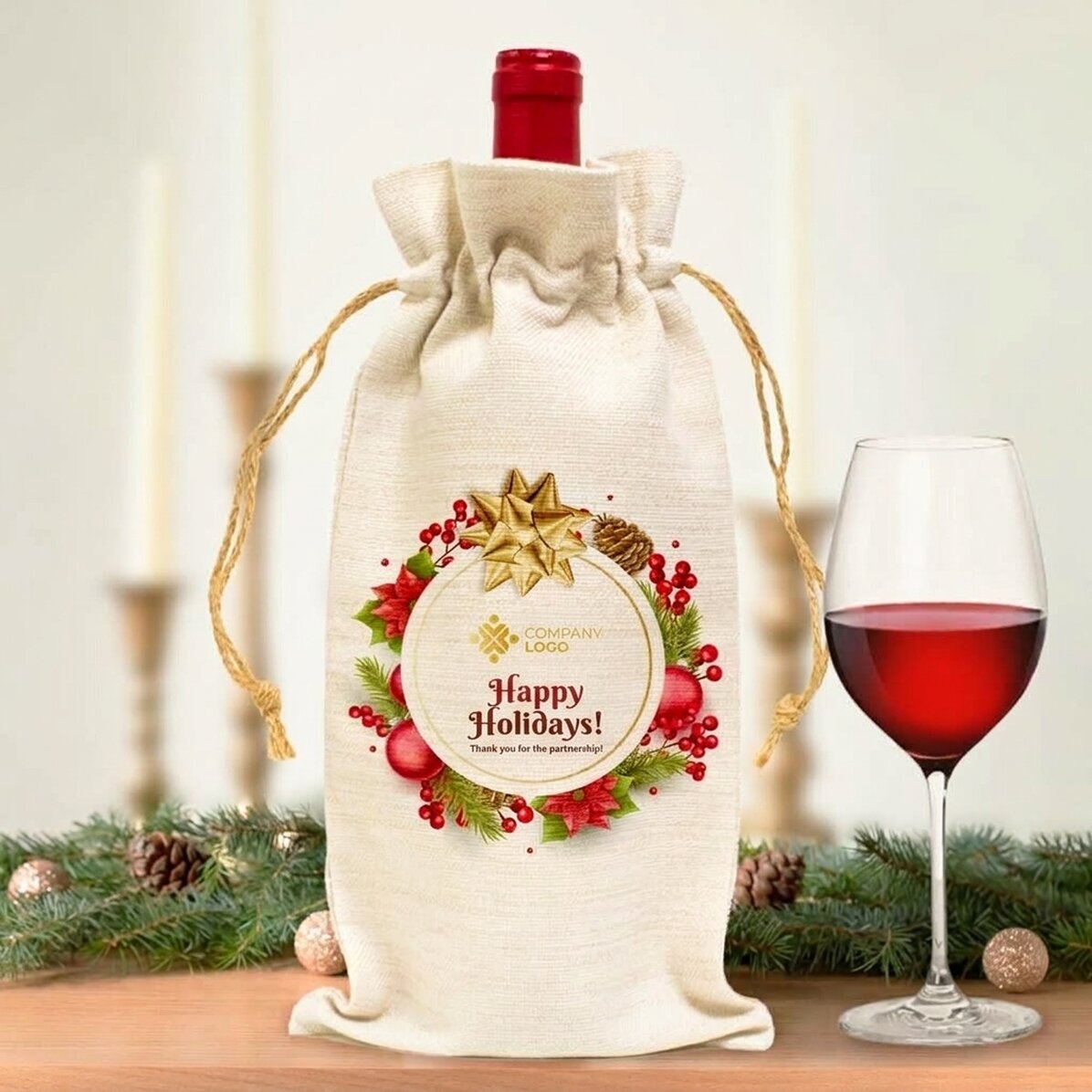 Personalised wine bottle bag with logo and text - Happy Holidays