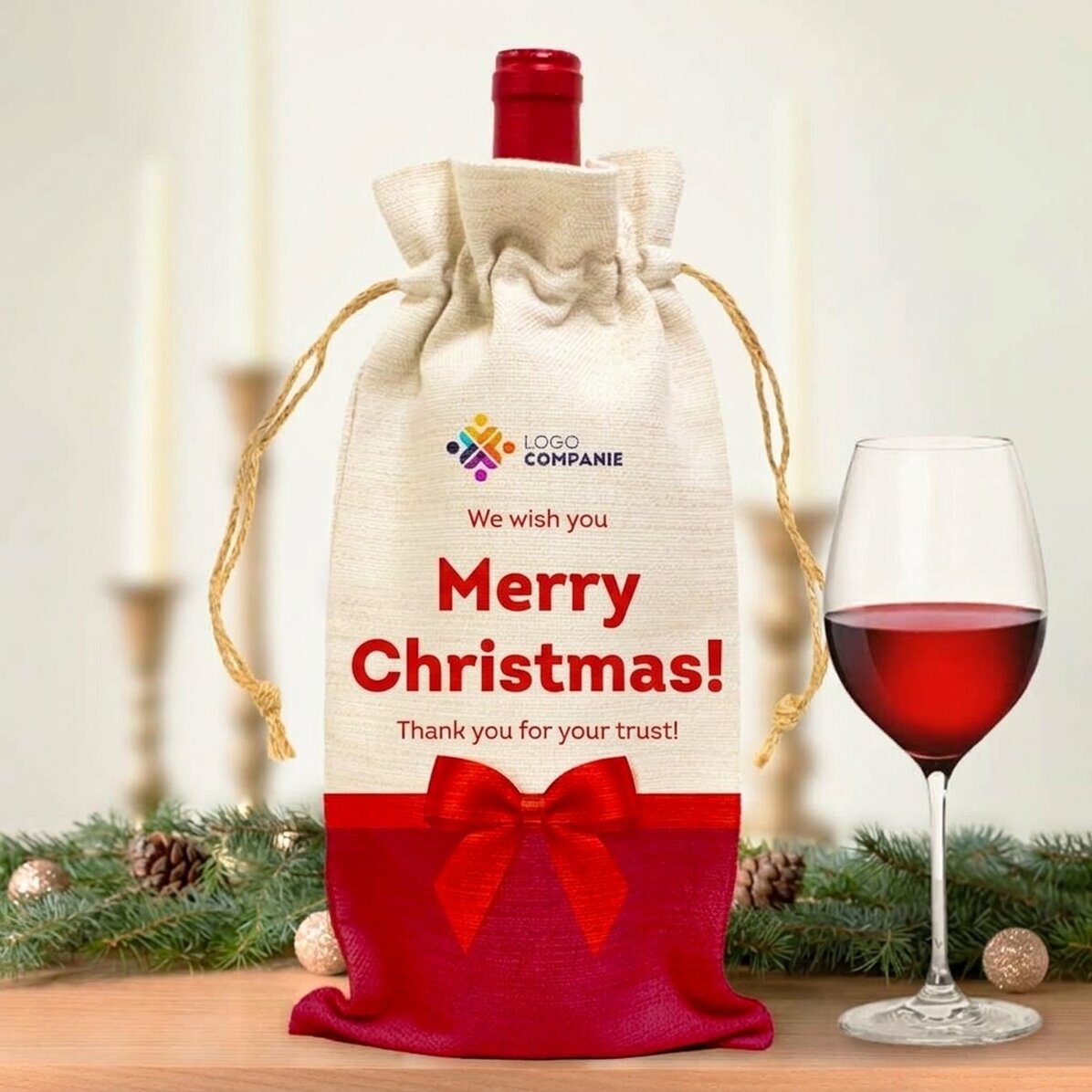 Personalised wine bottle bag with logo and premium message for Christmas