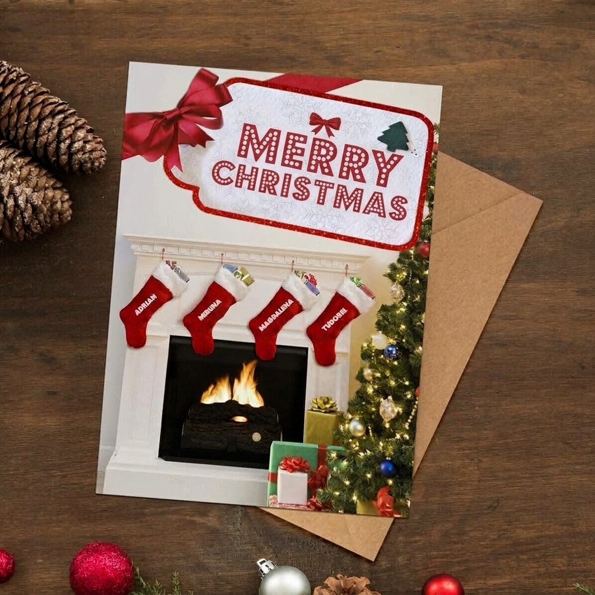 Personalised magnetic Christmas card with text - Socks on the mantelpiece