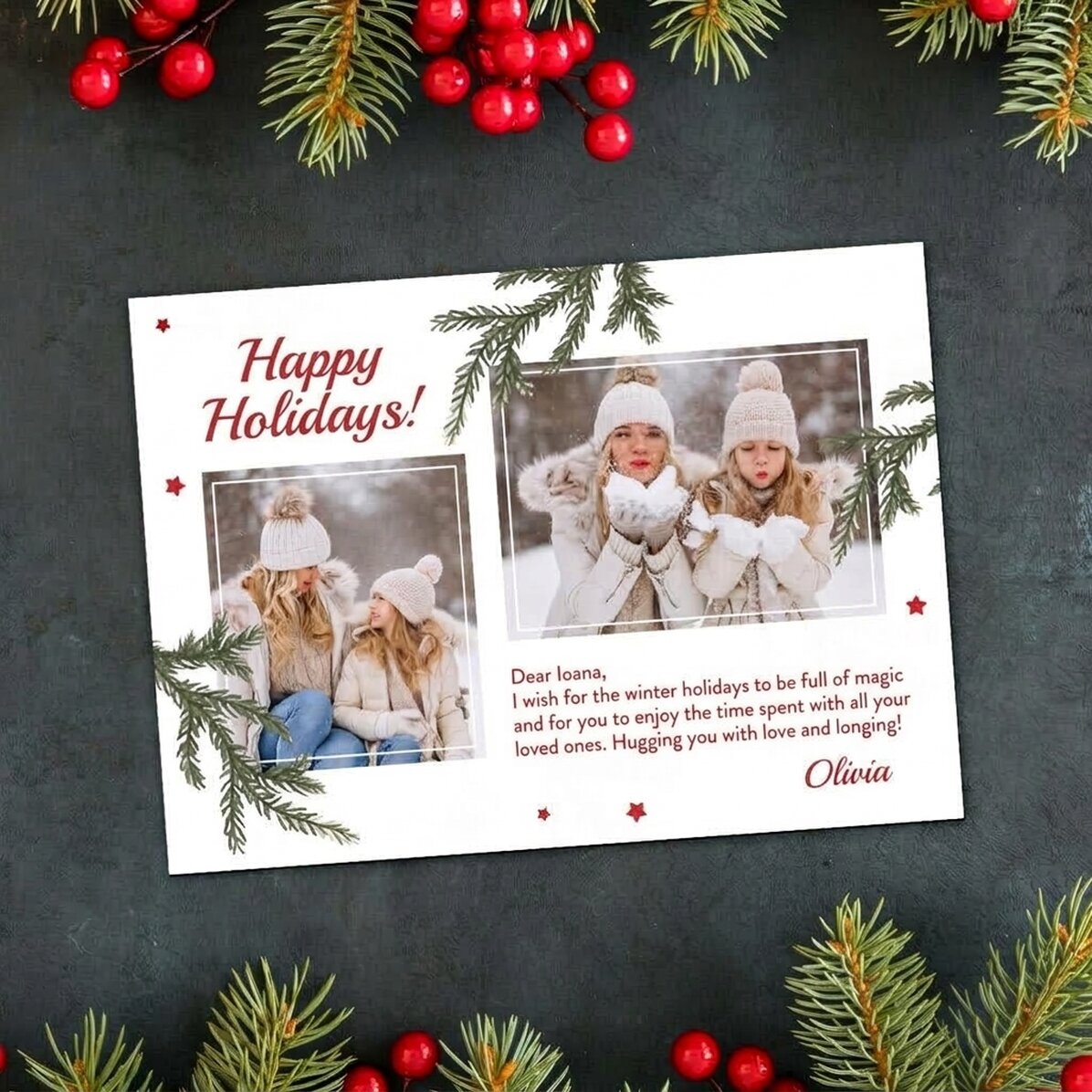 Personalised magnetic card with 2 photos and Christmas message