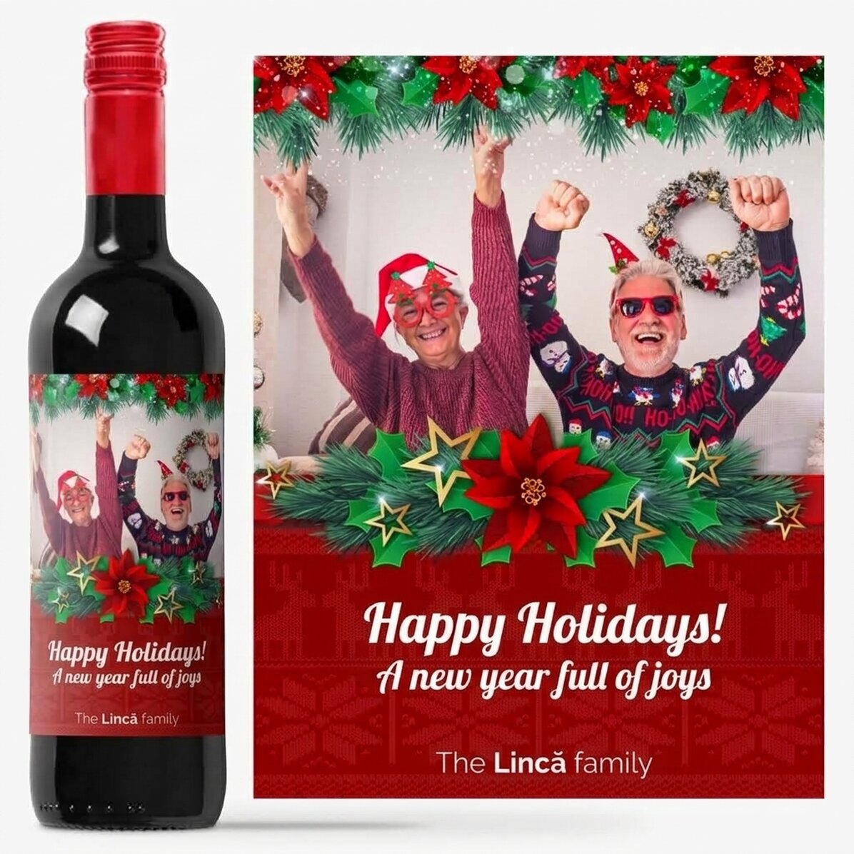 Personalised wine with a photo and holiday message for grandparents