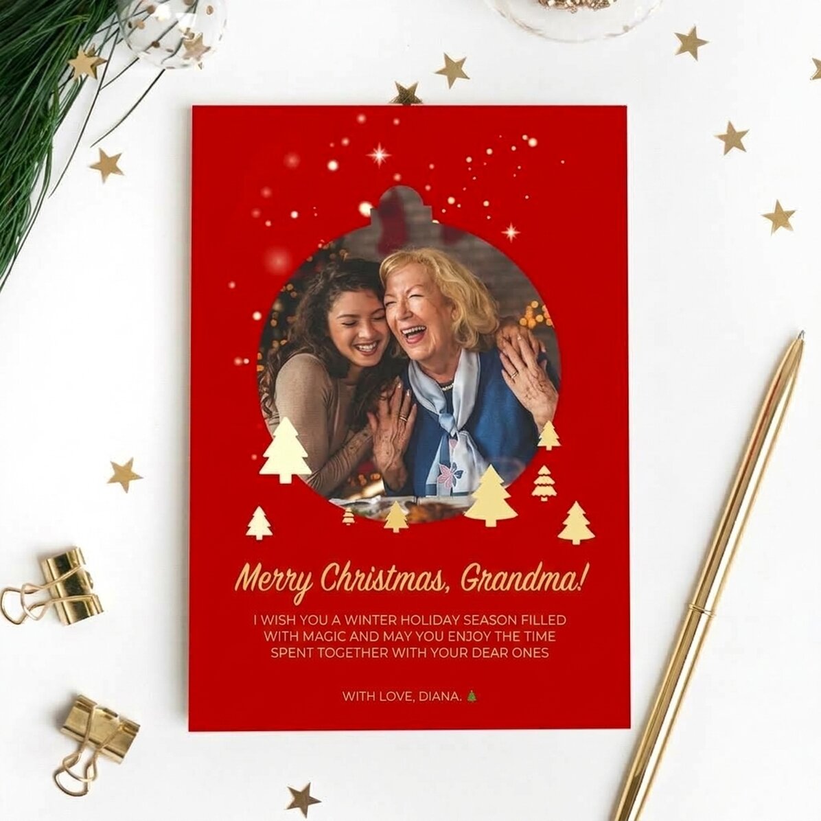 Personalised magnetic card with a photo and Christmas message for grandparents