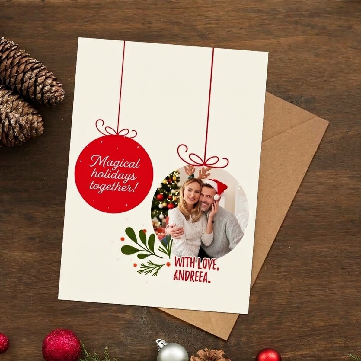 Personalised magnetic greeting card with a photo in the shape of a Christmas bauble for couples
