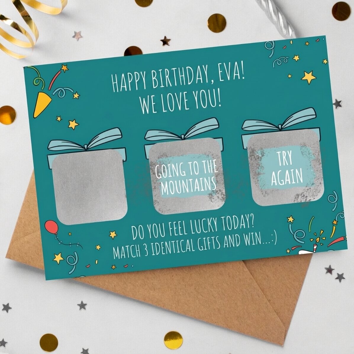 Personalised scratch card with message - Match 3 gifts and win