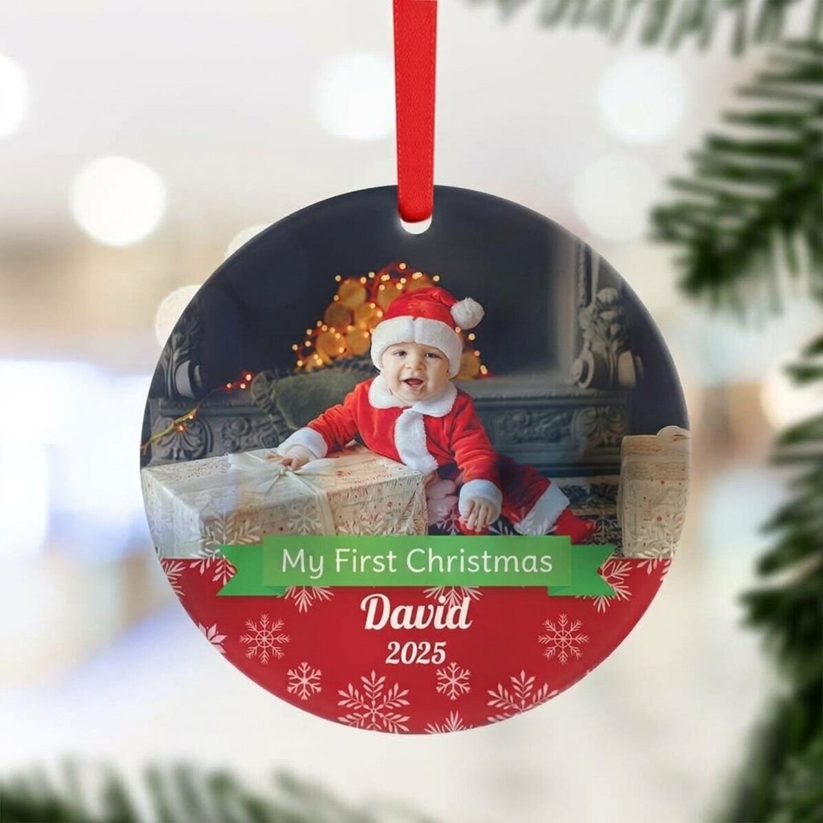 Personalised round ornament with photo and text - My First Christmas