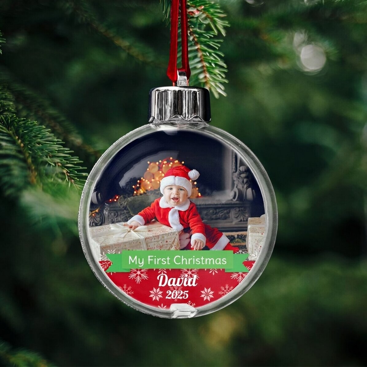 Personalised bauble with photo and text - My first Christmas