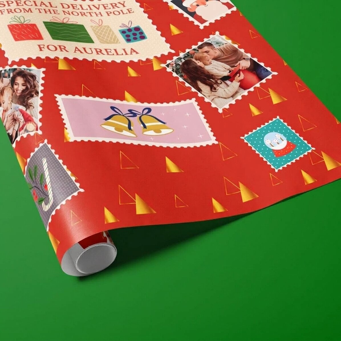 Personalised gift wrapping paper with 4 photos and text - Christmas stamps