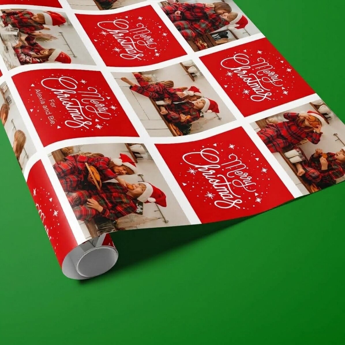 Personalised gift wrapping paper with 12 photos and text - Christmas squares and messages