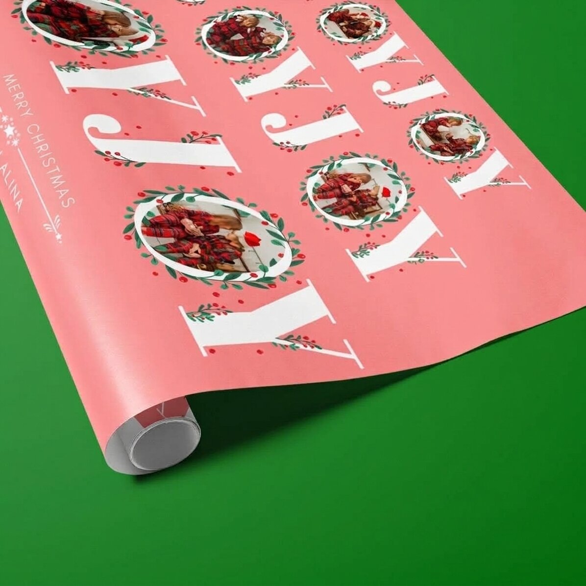 Personalised gift wrapping paper with 12 photos and text - Joy