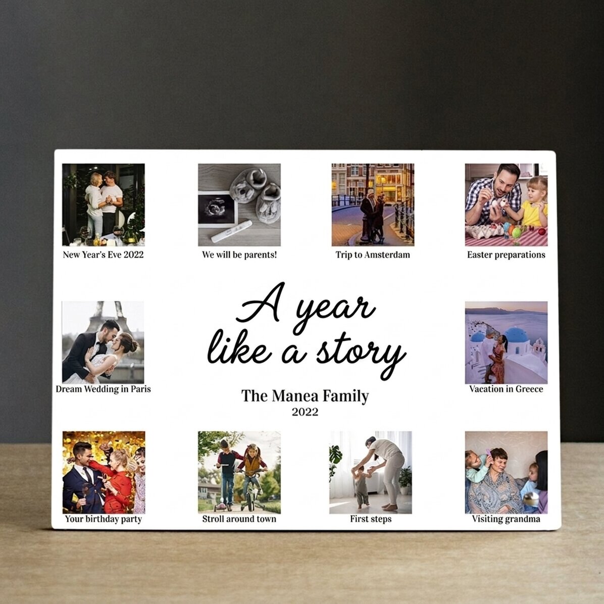 Personalised desk photo frame with 10 photos and text - A year like a story