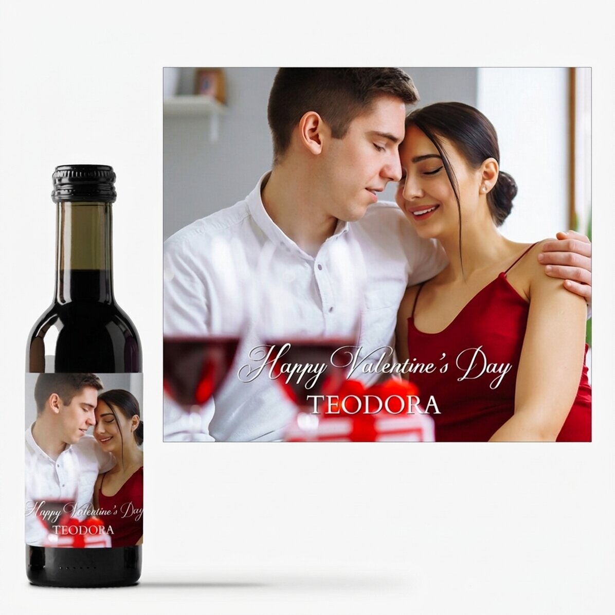 Mini wine bottle personalised with a photo and text