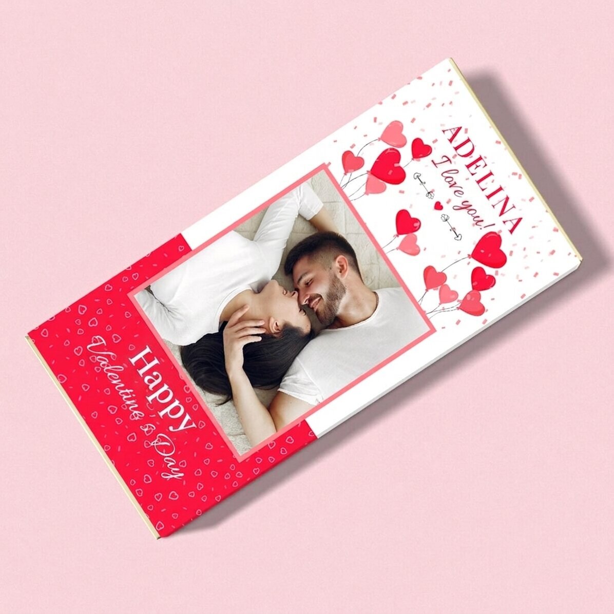 Personalised chocolate with a photo and text - Balloons and hearts
