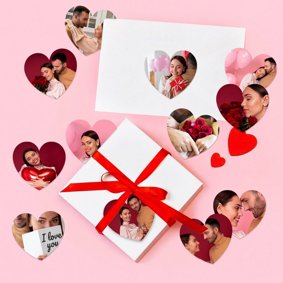 Set of 12 heart-shaped stickers (self-adhesive labels) personalised with photos