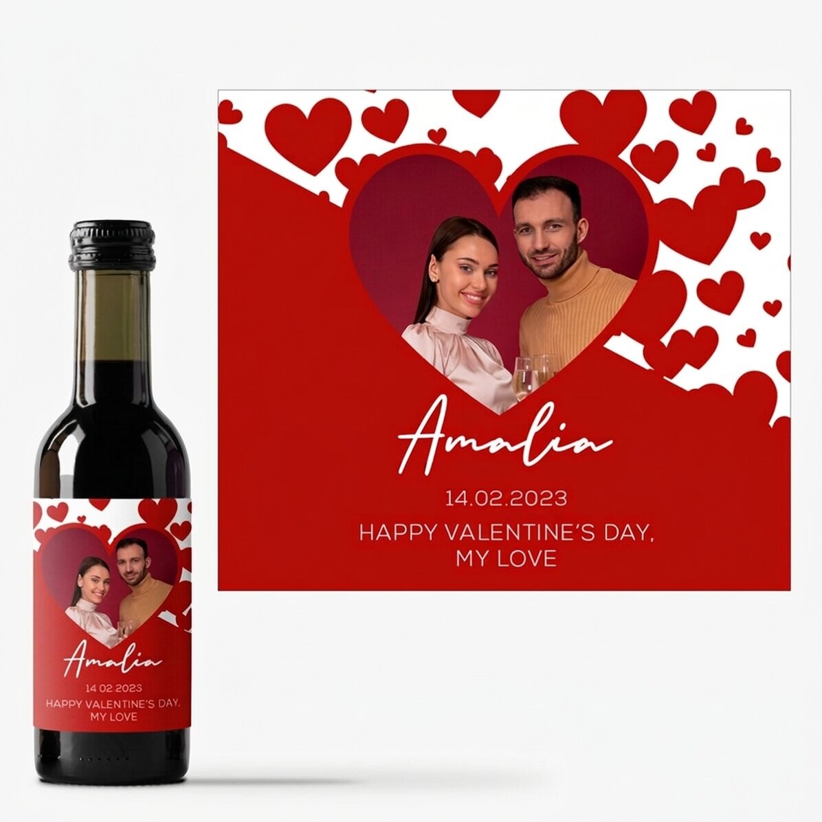 Mini wine bottle personalised with a photo and text - I love you