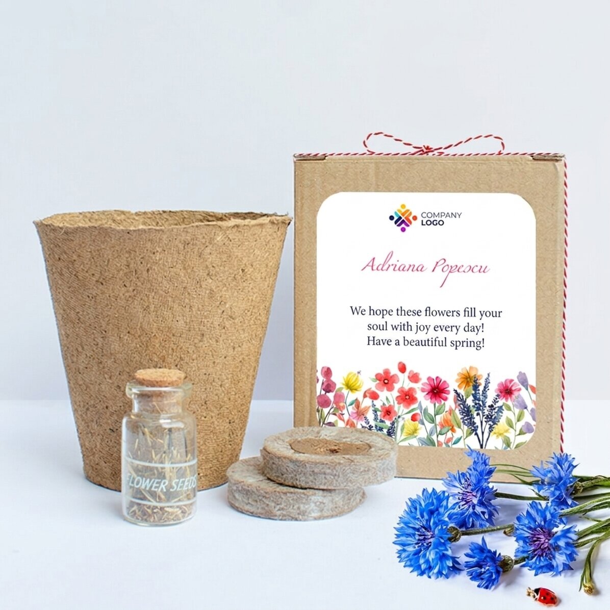 Spring flower planting kit in a personalised box with logo and message