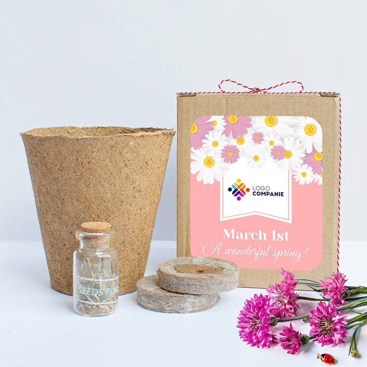 Spring flower planting kit in a customised box with logo and message - Floral