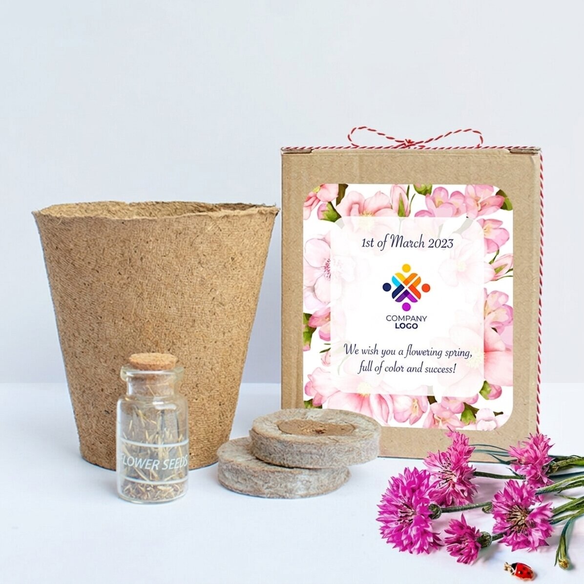 Spring flower planting kit in a customised box with logo and message