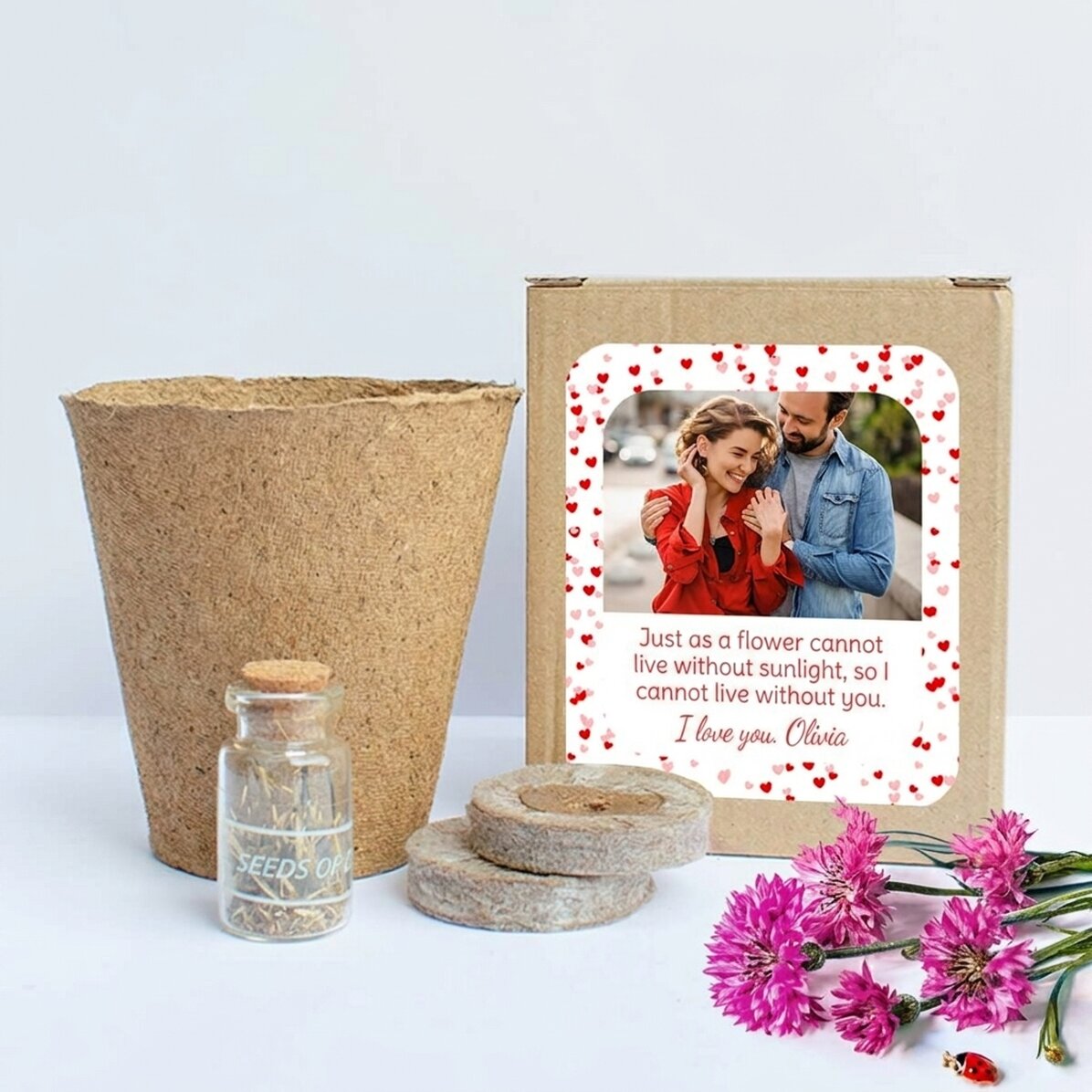 Spring flower planting kit in a personalised box with photo and message - Love