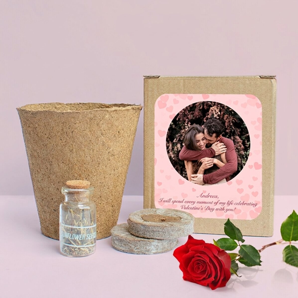 Spring flower planting kit in a personalised box with a photo and message - Hearts