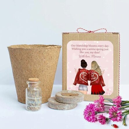 Spring flower planting kit in a personalised box with a message for friends